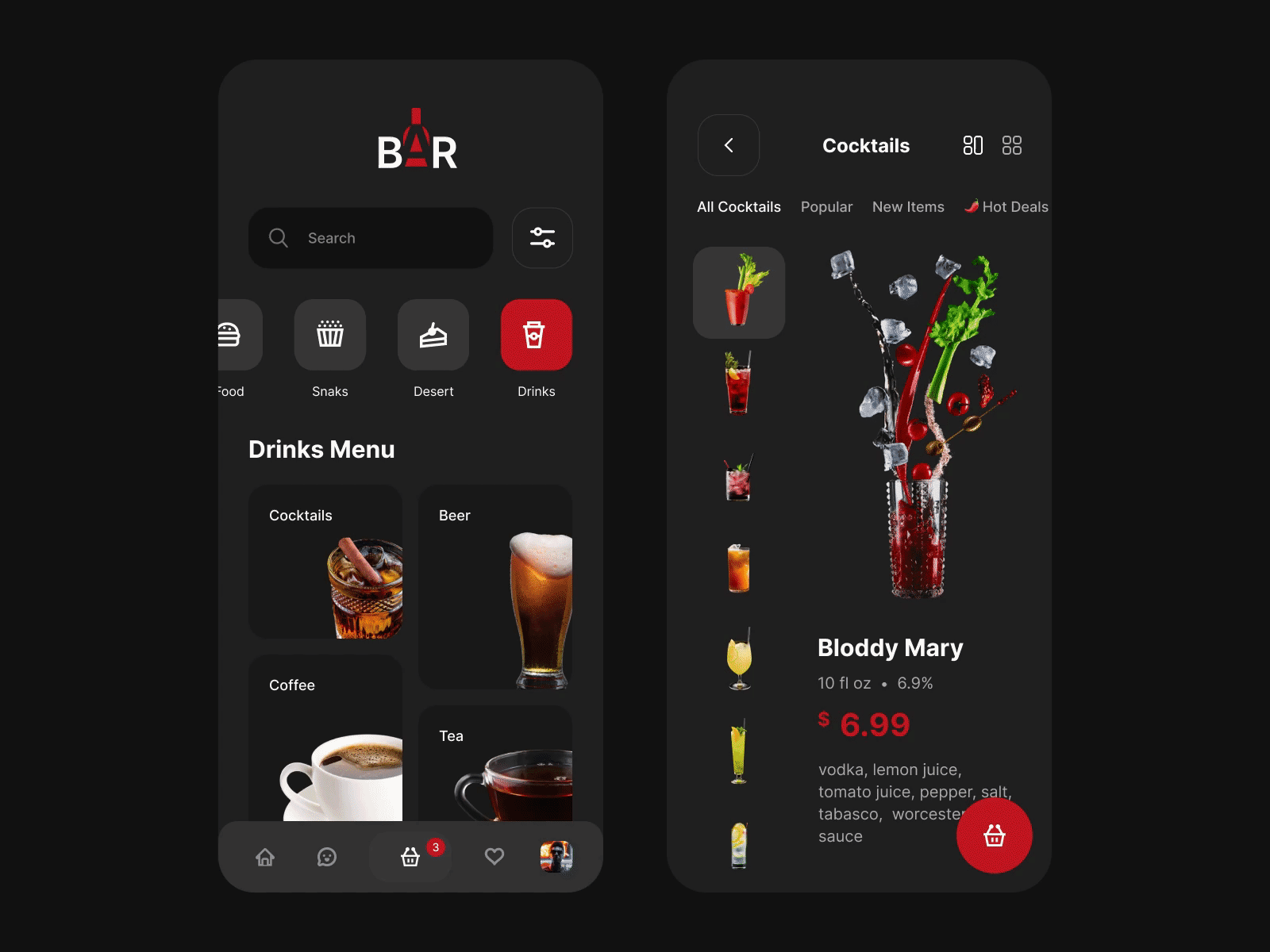 Food Bar - Mobile App app app design bar burgers calories cocktail cocktails cocktails menu cook dark delivery delivery app food mobile app mobile ui restaurant