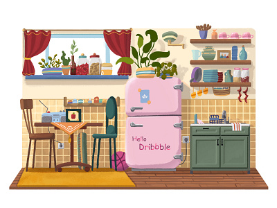 Hello Dribbble debut debutshot dribbble firstshot flat hello hello dribbble illustration kitchen thanks welcome shot