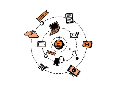In case you get hit by a bus large spot illustration binary book illustration devices digital emails facebook illustration ipad laptop music online presence online shopping photos social media twitter universe world