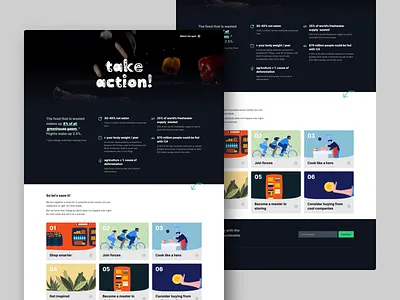 Foodwaste Awareness Campaign Landing Page action actions activism campaign dark header illustration list numbers steps ui video web website