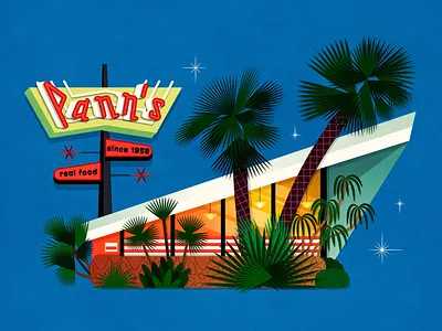 Pann's Restaurant 1950s 50s style art california digital art diner drawing illustration inglewood la cienega los angeles mid century mid century modern palm trees panns panns restaurant print restaurant retro retro diner