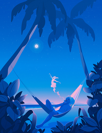 Nights Like This | Personal adobe illustrator beach blue editorial illustration hammock magical realism nostalgia sunset