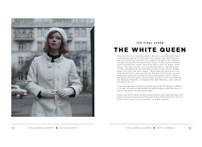 Queen's Gambit Fashion Book Design (Pgs 13-14) beth harmon book design cooffee table book design fashion graphic design indesign layout magazine queens gambit typography