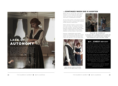 Queen's Gambit Fashion Book Design (Pgs 3-4) beth harmon book design book layout coffee table book design fashion graphic design indesign layouts magazine queens gambit typography