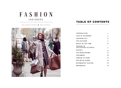 Queen's Gambit Fashion Book Design (Cover + Contents) beth harmon book design book layout coffee table book design fashion graphic design indesign layouts magazine queens gambit typography