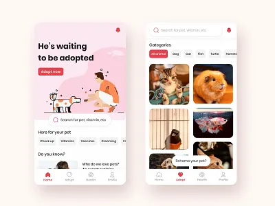 Pet Adoption App: Rehome Your Pet? adoption bird cat daily ui dog fish hamster illustration love mobile app pet pink user experience