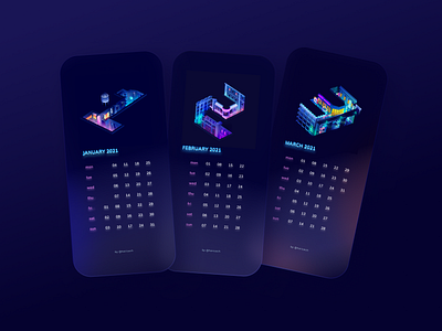 Cyberpunk City Calendar Q1 2021 building calendar calendar design calendar ui city cyberpunk futuristic glass gradient illustration isometric light neon night scifi vector wip