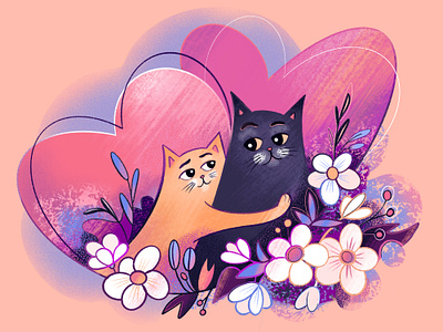 be my valentine beautiful catillustration cats contrast dribbleweeklywarmup illustration love lovely pink texture valentine valentines day valentinesday violet