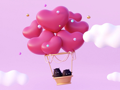 Valentine's Day 14 february 3d 3d character airballoon ballon character character design clouds cute gold heart holiday illustration love pearl pink valentine day