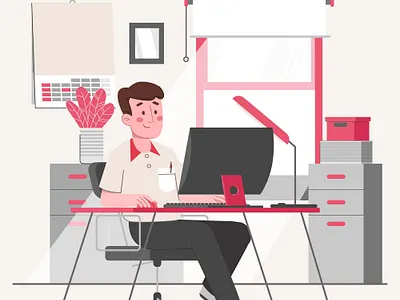 A man working at office room animation design desk table illustration minimal office vector vector illustration work