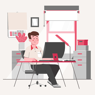 A man working at office room animation design desk table illustration minimal office vector vector illustration work