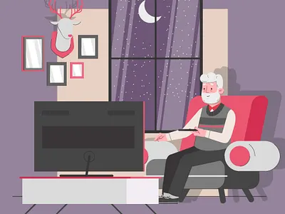 Grand Father watching movie in the night animation design desk table illustration minimal moon night old man stars television vector vector illustration window