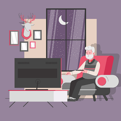 Grand Father watching movie in the night animation design desk table illustration minimal moon night old man stars television vector vector illustration window