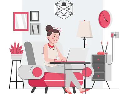 Beautiful woman working from home animation design desk table illustration internet minimal modem router vector vector illustration
