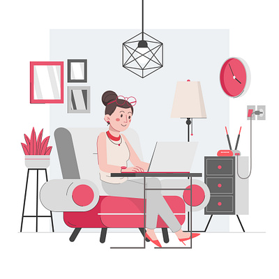 Beautiful woman working from home animation design desk table illustration internet minimal modem router vector vector illustration