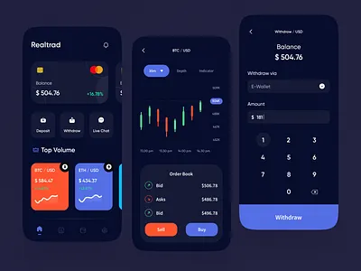 Trading Cryptocurrency Mobile App Exploration apps bitcoin candlestick card charts cryptocurrency dark mode dark theme graphic keyboard mobile mobile app mobile app design mobile design mobile ui statistics trade trading ui ux