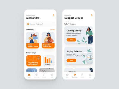 Healthcare Mobile App app design health app health care illustrations light theme medical app meditation app mobile app design mobile design orange theme support page ui ui design