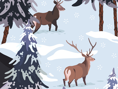 Wapiti Deers art licensing deer deer illustration deers folklore illustration illustrator art nature pattern pine trees snow surface pattern design switzerland vector art winter