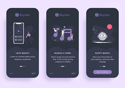 User onboard screens dark mode dark theme dark ui mobile app mobile app design music app music player onboarding screens