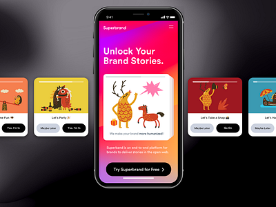 Superbrand The StoryMaker for iPhone cards ui cta dynamic effect hci illustraion ios ios app design iphone product productdesign shopper shopping app statusbar tinder tinderforshopping ui uiux ux video app