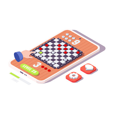 checkers game on mobile board checkerboard checkers flat game hand illustration isometric mobile phone play player screen smart smartphone sport strategy tablet technology vector