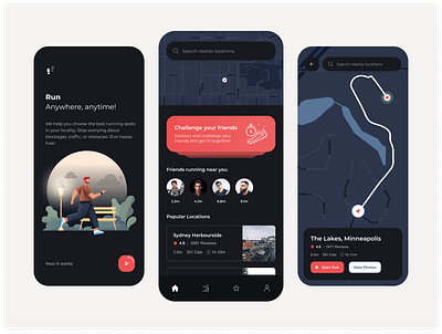 Running with friends app concept app branding clean dark design illustration mobile modern running ui uiux ux vector