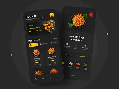 Food Recipe Apps - Dark Mode application application ui cooking cooking app dark mode dark ui food food app foodie ingredients meal planner meal prep mobile app mobile app design mobile design mobile ui recipe recipe app ui design ux design