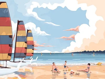 Family time beach boat family family portrait flat illustration landscape sail sailing sea vector