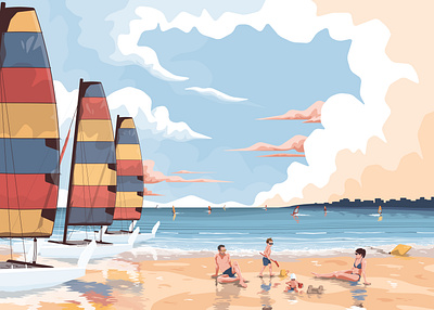 Family time beach boat family family portrait flat illustration landscape sail sailing sea vector