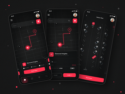 Parking App app app design app ui car dark debute debute shot design firstshot hellodribbble map neon parking parking allotment parking app ui