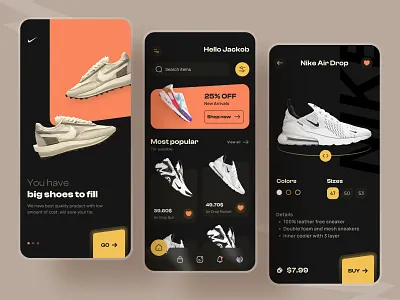 Modern e-commerce Mobile App UI UX Design Concept all app dark design ecommerceappdesign ecommerceuidesign home page market app minimal mobile mobileapp modern nike shoe product page shoe app shopping ui design shoppingapp trending ui web design