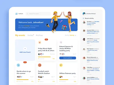 IcedCube Dashboard. Web app for the event planning app birthday birthday party cards design event events filters friends notifications search social app ui ux web wedding