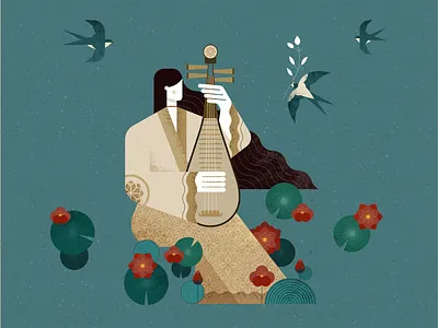 Touches of Asia affinity designer asia bird character china chinese design flat girl graphic design illustration lake music vector water