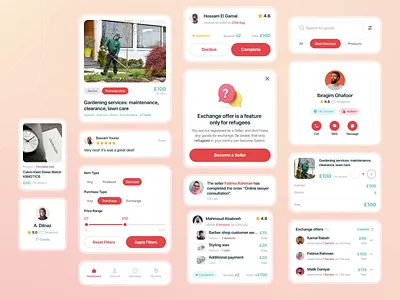 Style guide for social marketplace. Mobile app app branding card cards checkout design ios marketplace mobile modal navigation refugee ui ui kit ux