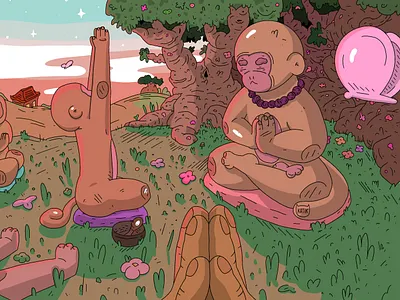 Meditating monkeys book art digital illustration fantasy art fantasy illustration illustration landscape illustration meditation
