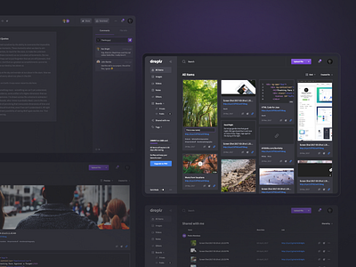 Droplr Dashboard asset management components dark mode dashboad design purple sidepanel tiles ui ux