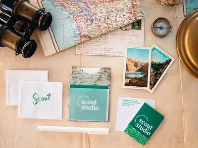 Scout Studio branding business card design embroidery flatlay green logo logotype maps paper photography scout stationary studio system travel typoography velum