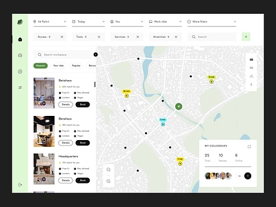 Workspace Rental Platform app branding clean coworking dashboard design filters google map interface map room saas search search results ui ux web web app work workspace