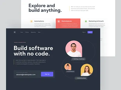 Makerpads No Code — Landing Page app automation build clean coding community developer growth landing page marketing membership minimal modern no code npw productivity software ui ux website