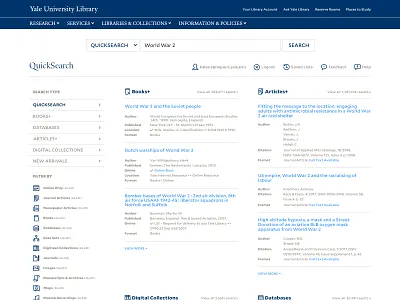 Yale Library Quick Search higher education library app website design
