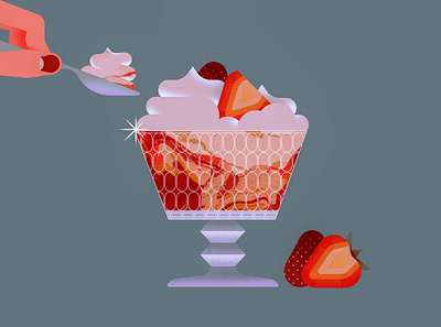 Cheesecake bowl cheesecake cream cup delicious dessert food fruit glass hand illustration spoon strawberry sweet