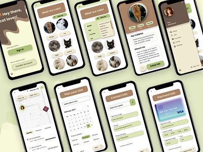 Cat Cafe App adoption animal app app design brown cafe cat cat cafe cats coffee coffee app cute design green minimal mobile mobile ui simple ui ux