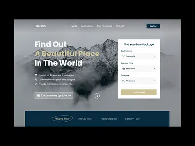 .Trafelin - Travel Web Design hero hero banner hero section interface landing landing design landing page landingpage travel travel agency travel app ui ui design uidesign uiux web web design webdesign website website design