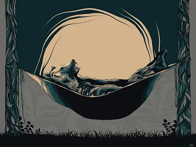 Grizzly at Ease animal animal art bear design grizzly grizzly bear hammock illustration poster art poster design posters relax sleeping sunset vector