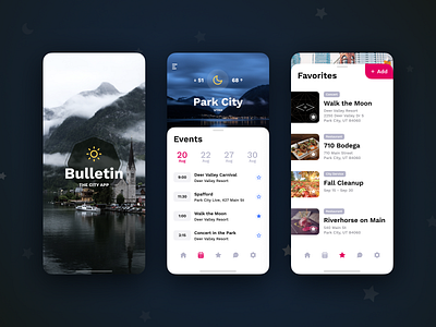 Bulletin activities android app bulletin city drawer events ios iphone landing mobile tabbar town ux village weather