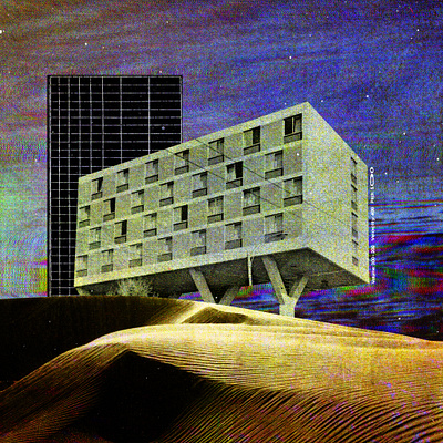 #collageretreat 104. 02/13/2021. architecture building chromatic aberration collage collage art digital collage digital illustration distorted type dunes glitched colors grid illustration sbh scanner type surreal textured the shop typography weird