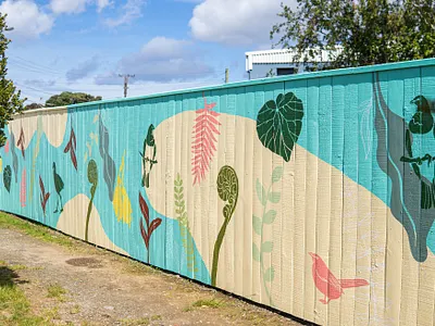 Auaha Evolving Spaces Mural birds blue botanical collaboration community flower hand drawn hand painted illustration mural muralart new zealand simple streetart