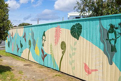 Auaha Evolving Spaces Mural birds blue botanical collaboration community flower hand drawn hand painted illustration mural muralart new zealand simple streetart