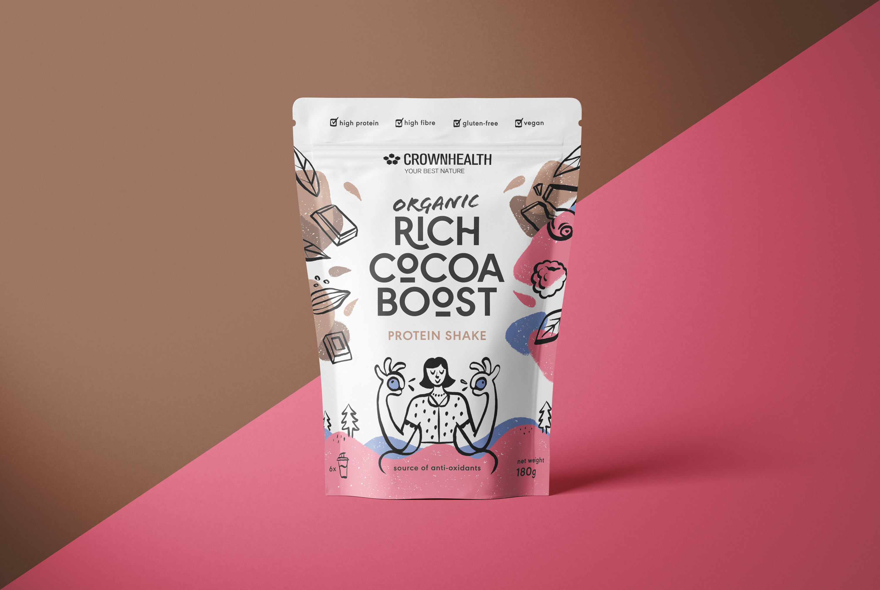 Crownhealth Shake Packaging berry character character design chocolate hand drawn illustration ink drawing minimalist natural organic packaging packaging design packaging illustration