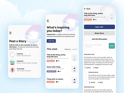 Impact News - Inspiring positive change in the world app branding collaboration community design for good home feed illustration mobile app mobile feed news platform platform positive impact positive news product hunt reddit alternative social network ui voting voting on posts
